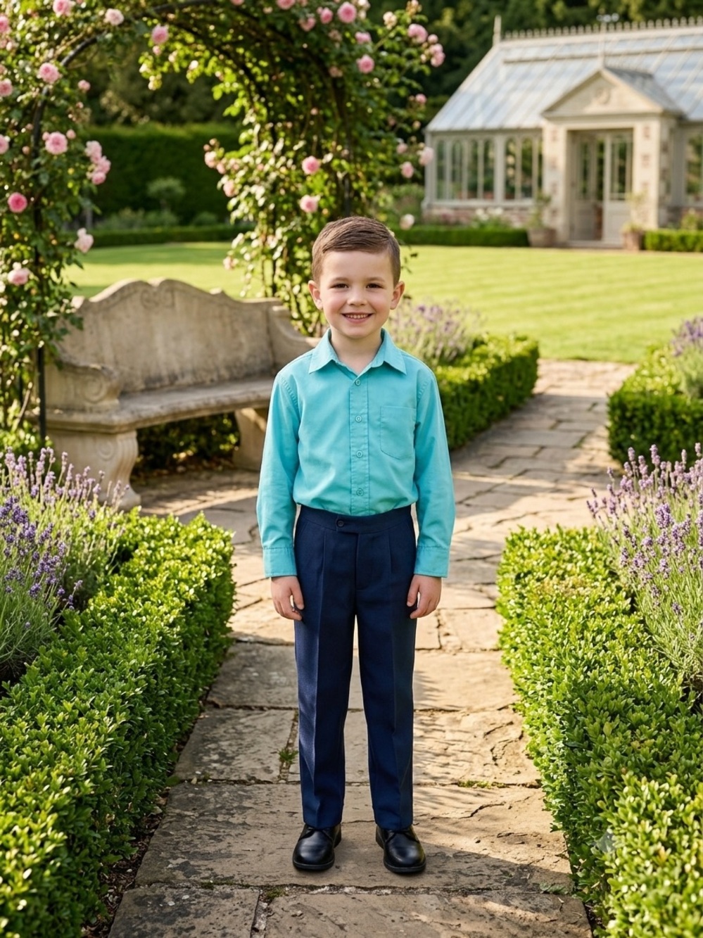 Take 50% OFF- Boys Turquoise Button-Up Shirt & Navy Dress Pants, Size-6